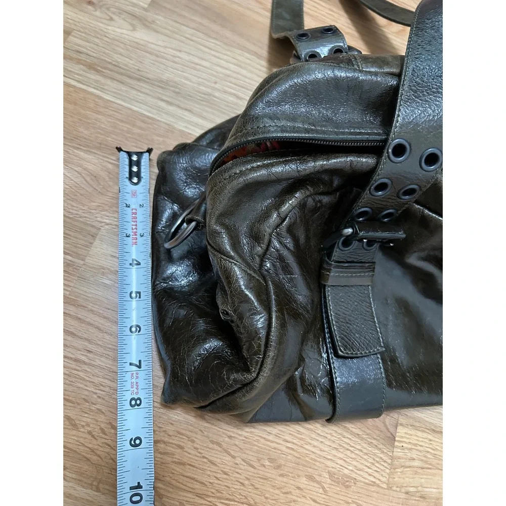 Y2K Francesco Biasia Distressed Leather Satchel Bag Olive Green Grunge
